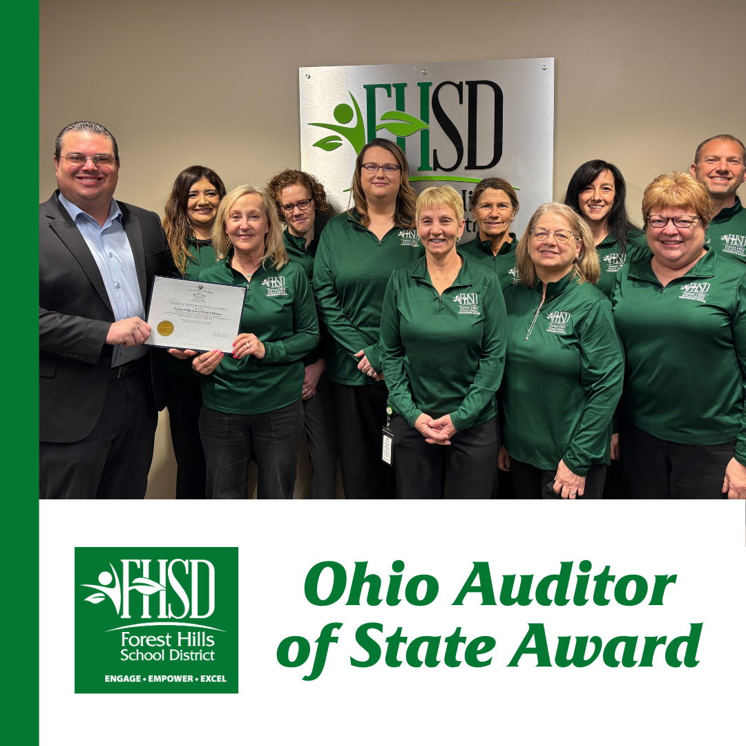 Article cover with photo of treasurer's department receiving certificate with FHSD logo and text "Ohio Auditor of State Award"